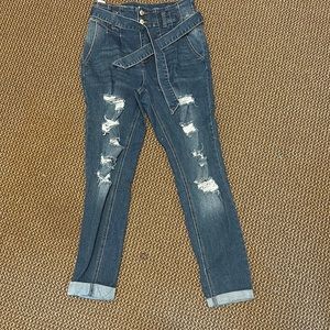 Dark Blue Front Tie Jeans